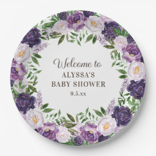 Elegante Lila Wasserfarbenflora Girl Babydusche Pappteller