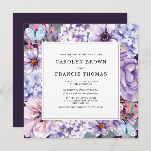 Elegante Lila Wasserfarbenhochzeit Einladung (Vorne/Hinten)