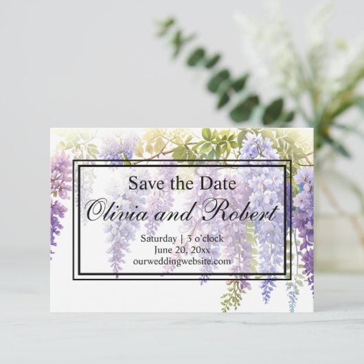 Elegante, lila Wasserfarbenwisteria Save The Date (Stehend Vorderseite)