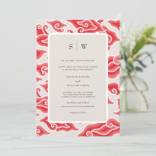 Elegante Lila Waves Monogramm Einladung zur Hochze (Stehend Vorderseite)