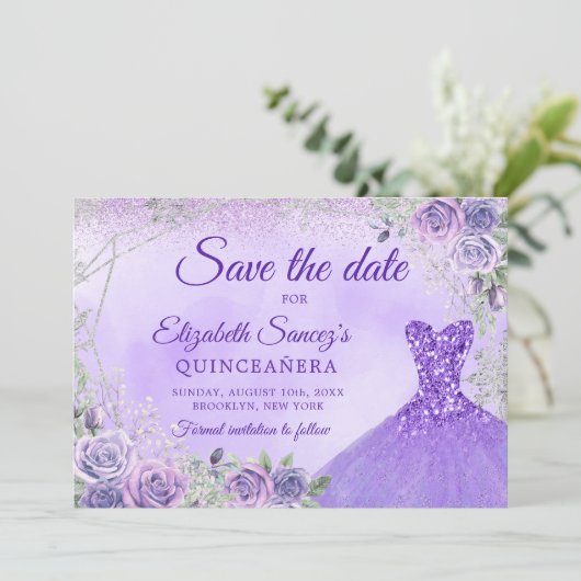Elegante Lila Weihnachts-Mis-Quince Save the Date Einladung (Stehend Vorderseite)