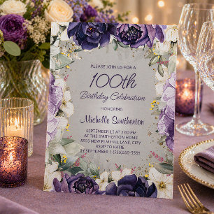 Elegante lila weiße Blumen Glitter 100. Geburtstag Einladung