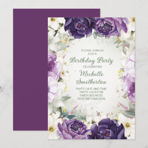 Elegante lila weiße Blumen Glitter Geburtstag Einladung
