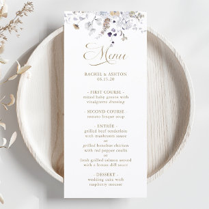 Elegante lila weiße Gold-Blumenhochzeit Menükarte