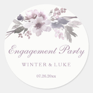 Elegante Lila Winter Floral Engagement Party Runder Aufkleber