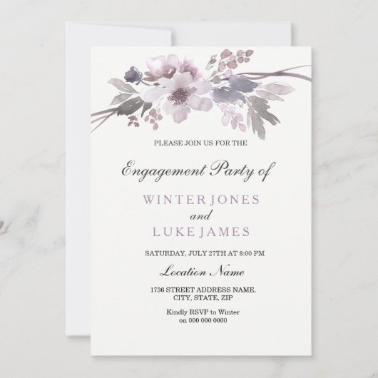 Elegante Lila Winter Floral Verlobung Einladung (Vorderseite)