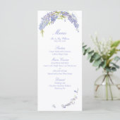 Elegante Lila Wisteria Botanical Script Wedding Menükarte (Stehend Vorderseite)