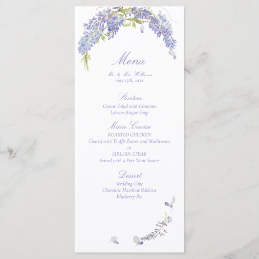 Elegante Lila Wisteria Botanical Script Wedding Menükarte (Vorderseite)