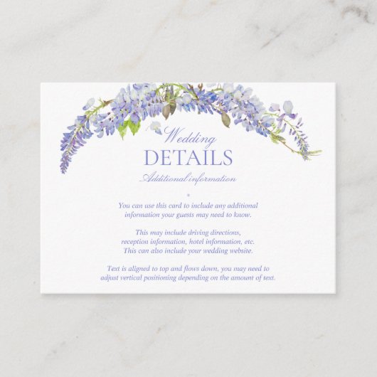 Elegante Lila Wisteria Klassische Skriptdetails Begleitkarte (Vorderseite)