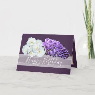 Elegante lila Wisteria und weiße Rosen Geburtstag Karte