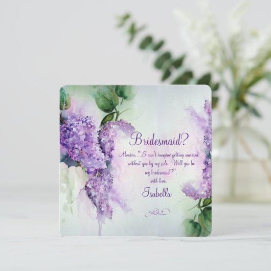 Elegante Lilac Blume Bridesmaid Request Card Einladung (Stehend Vorderseite)