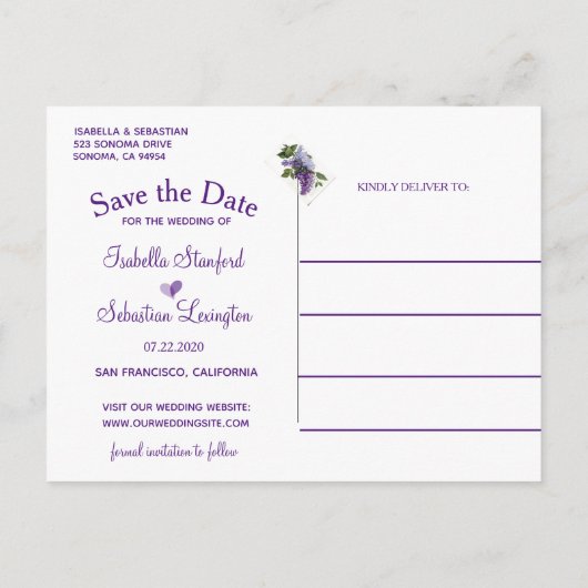 Elegante Lilac-Blume, die das Datum speichern Ankündigungspostkarte (Rückseite)