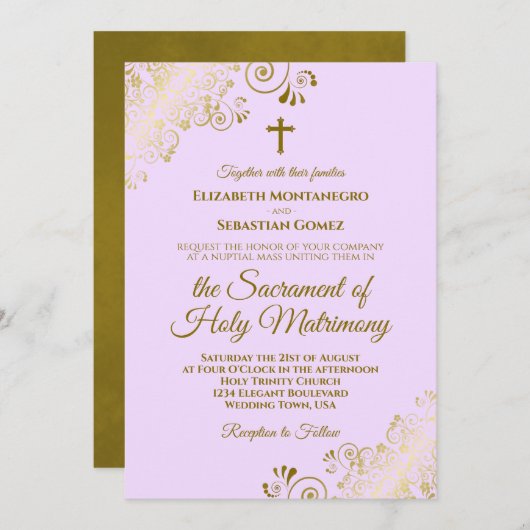 Elegante Lilac Lila Gold Moderne katholische Hochz Einladung (Vorne/Hinten)