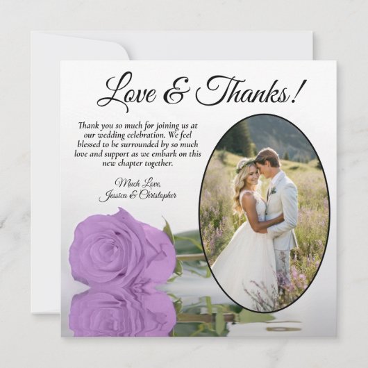 Elegante Lilac Lila Rose mit Oval Foto Hochzeit Dankeskarte (Vorderseite)