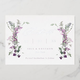 Elegante Lilac-Wildblumen, die das Datum speichern Folieneinladung