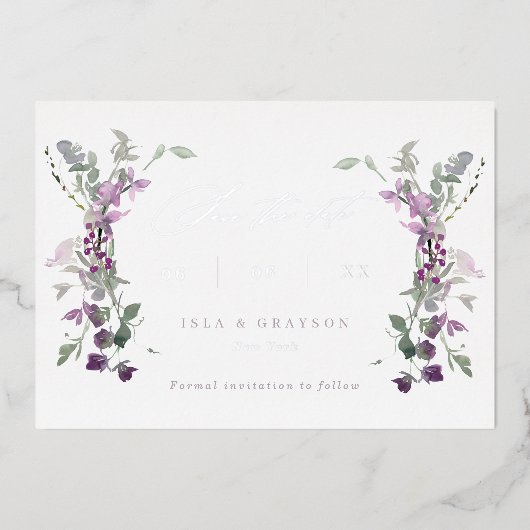 Elegante Lilac-Wildblumen, die das Datum speichern Folieneinladung (Vorderseite)