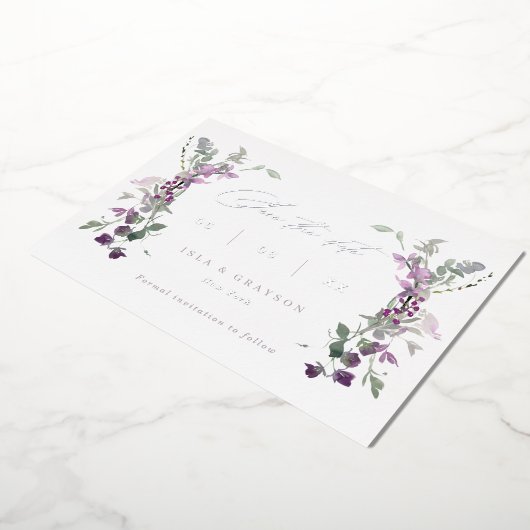 Elegante Lilac-Wildblumen, die das Datum speichern Folieneinladung (Gedreht)