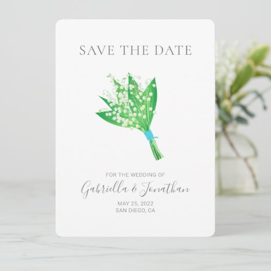 Elegante Lily of the Valley Bouquet Save the Date (Stehend Vorderseite)