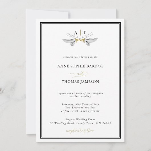 Elegante Lily of Valley Wappen Schwarz-weiß Hochze Einladung (Vorderseite)