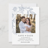 Elegante Line Gezeichnet Blumenblauer 2-Foto Hochz Save The Date (Vorderseite)