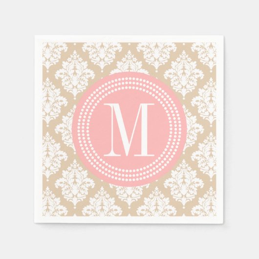 Elegante Linen Beige Damask Personalisiert Serviette (Vorderseite)
