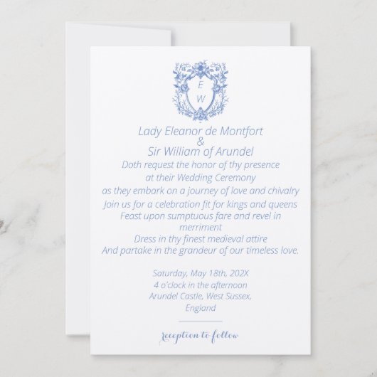 Elegante Linen Blue Wappen Monogram Wedding Einladung (Vorderseite)