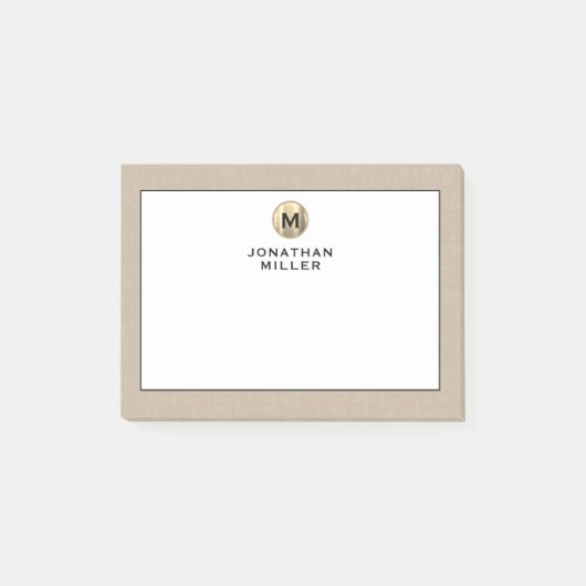 Elegante Linen Gold Monogram Post-it Klebezettel (Vorderseite)