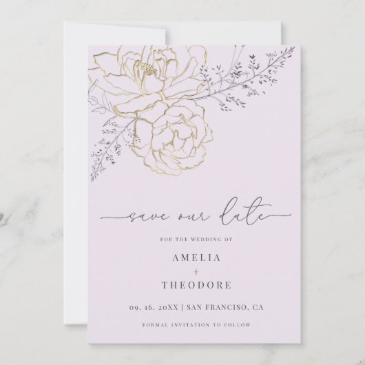 Elegante Linie Floral Lilac Hochzeit Speichern Sie Einladung (Vorderseite)
