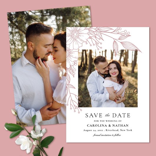 Elegante Linie Gezeichnet Blumenrot 2 Foto Hochzei Save The Date