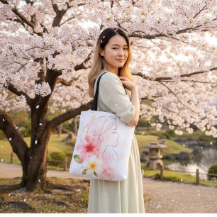 Elegante Linienkunst Frau mit tropischen Blumen –  Tasche