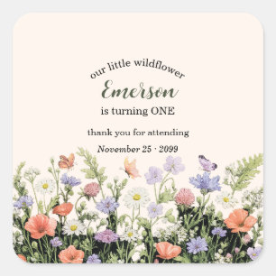 Elegante Little Wildflower 1. Geburtstagsfeier Quadratischer Aufkleber