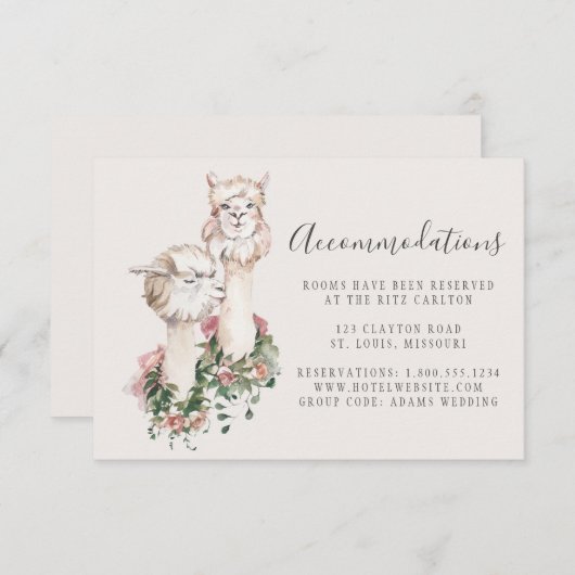Elegante Llama Couple Hochzeitsunterkünfte Begleitkarte (Vorne/Hinten)