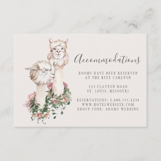 Elegante Llama Couple Hochzeitsunterkünfte Begleitkarte (Vorderseite)