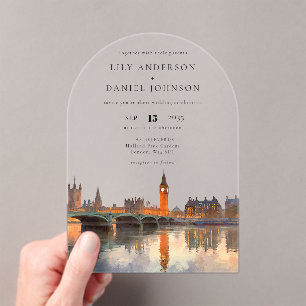 Elegante Londoner Skyline-Aquarell-Hochzeitsarchit Acryleinladungen