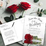 Elegante Long Stem Rote Rose Wedding Save the Date Ankündigungspostkarte<br><div class="desc">Diese wunderschönen Postkarten sind ein guter Weg, um Ihre Freunde und Familie wissen, um Save the Date für Ihre kommende Hochzeit lassen. Die rote Rose ist wunderschön, lang gesteppt und in einem Pool mit Wellen und Wellen reflektiert. Der Text weist eine lakate Skriptkalligraphie auf. Die Rückseite hat eine niedliche grafische...</div>