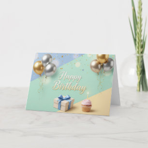 Elegante Luftballons & Cupcake – Modernes Happy Bi Dankeskarte