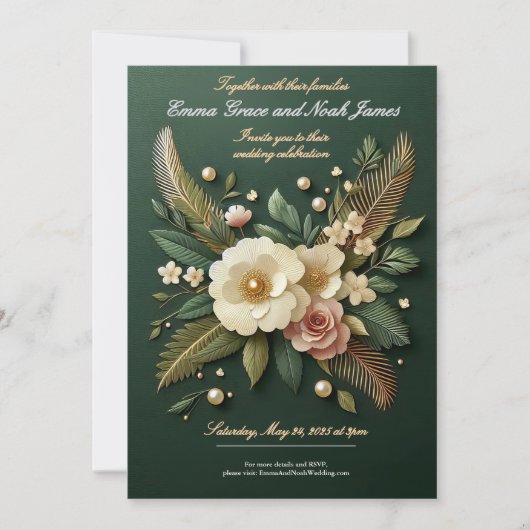 Elegante Luxe Green Floral Wedding Einladung (Vorderseite)