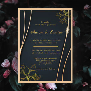 Elegante Luxuriöse Hochzeit in Schwarz und Gold Einladung