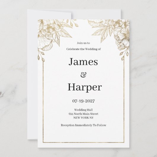 Elegante luxuriöse Hochzeit in Weiß und Gold Einladung (Vorderseite)