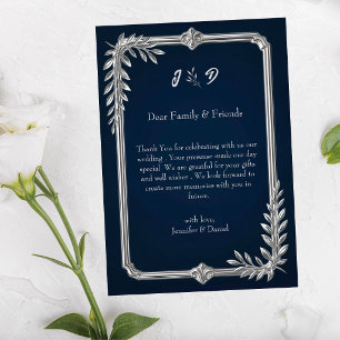 Elegante luxuriöse Navy-Blau und Silber Hochzeit Dankeskarte