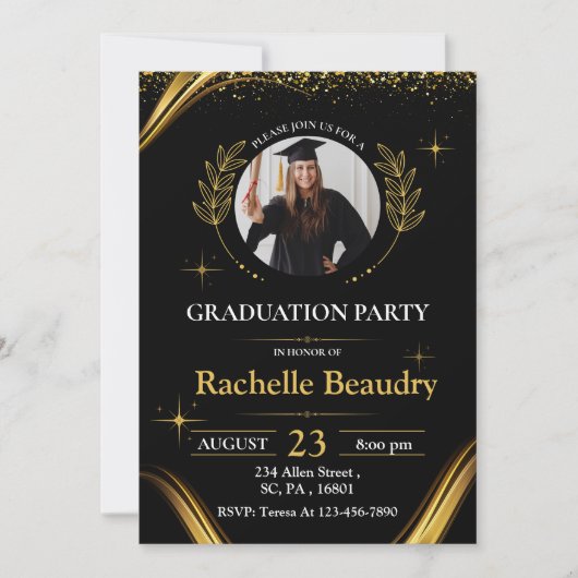 Elegante Luxury Black & Gold Graduation Party Einladung (Vorderseite)