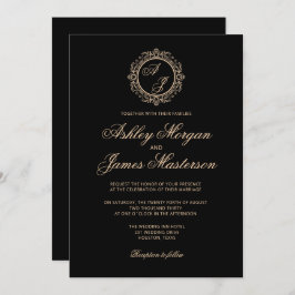 Elegante Luxury Gold Monogram Black Wedding Einladung