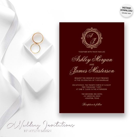 Elegante Luxury Gold Monogram Burgundy Wedding Einladung