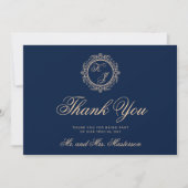 Elegante Luxury Gold Monogram Navy Blue Wedding Dankeskarte (Vorderseite)
