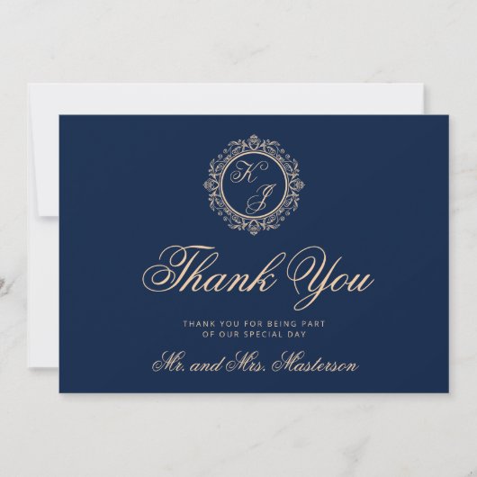 Elegante Luxury Gold Monogram Navy Blue Wedding Dankeskarte (Vorderseite)