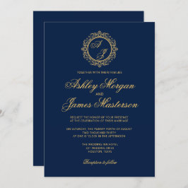 Elegante Luxury Gold Monogram Navy Blue Wedding Einladung