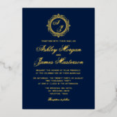 Elegante Luxury Gold Monogram Navy Blue Wedding Folieneinladung (Vorderseite)