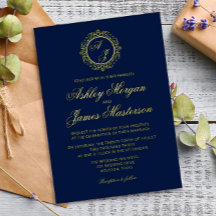 Elegante Luxury Gold Monogram Navy Blue Wedding