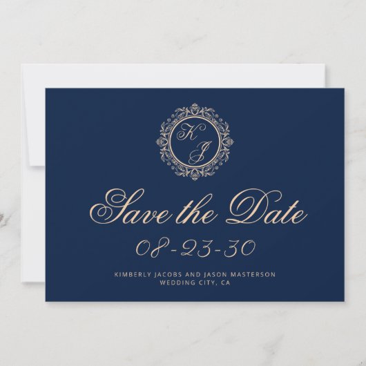 Elegante Luxury Gold Monogram Navy Blue Wedding Save The Date (Vorderseite)