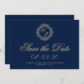 Elegante Luxury Gold Monogram Navy Blue Wedding Save The Date (Vorne/Hinten)